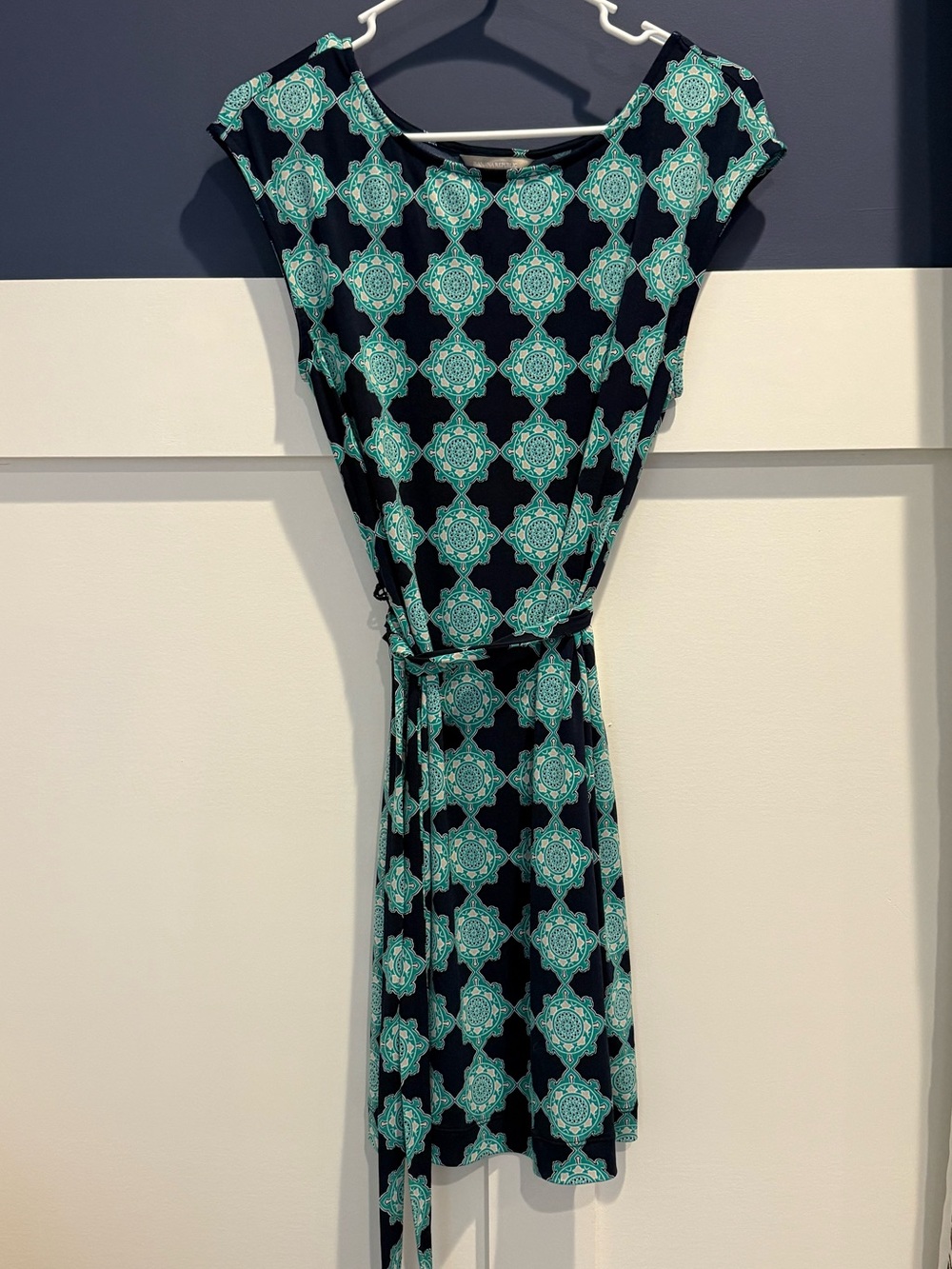 Banana Republic Blue & Teal Medallion Belted Mini Dress Size Petite S Like New!